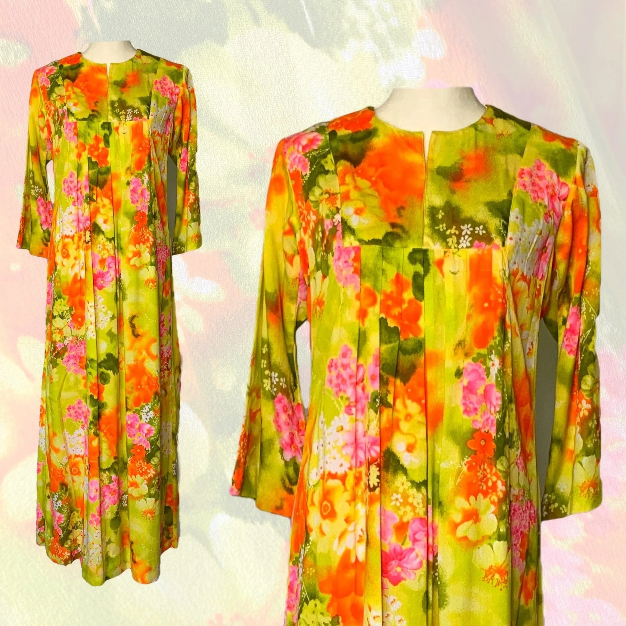 1970s Hawaiian Floral Maxi Dress in Bright Yellows Oranges Pinks and Greens. Perfect Festival Dress.