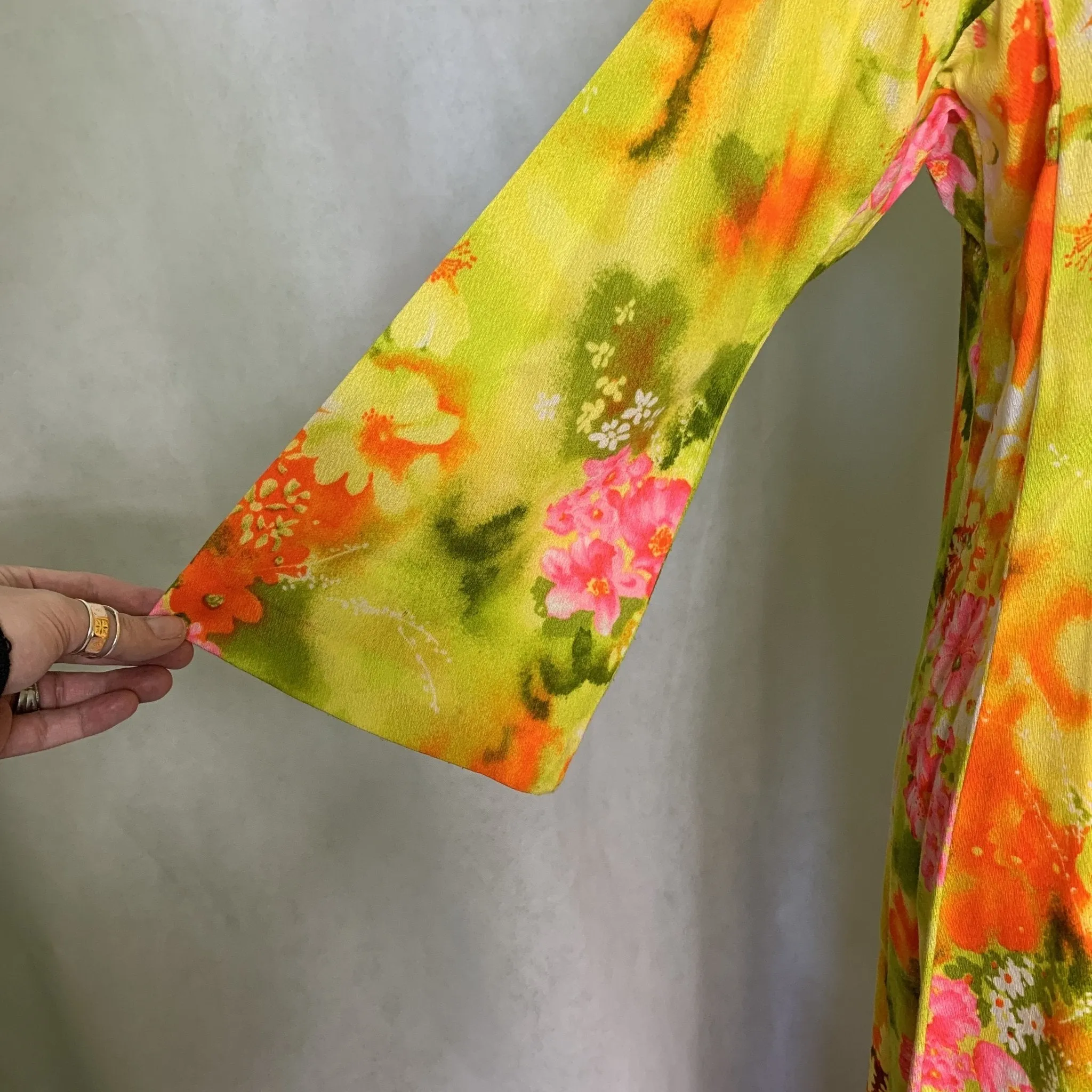 1970s Hawaiian Floral Maxi Dress in Bright Yellows Oranges Pinks and Greens. Perfect Festival Dress.