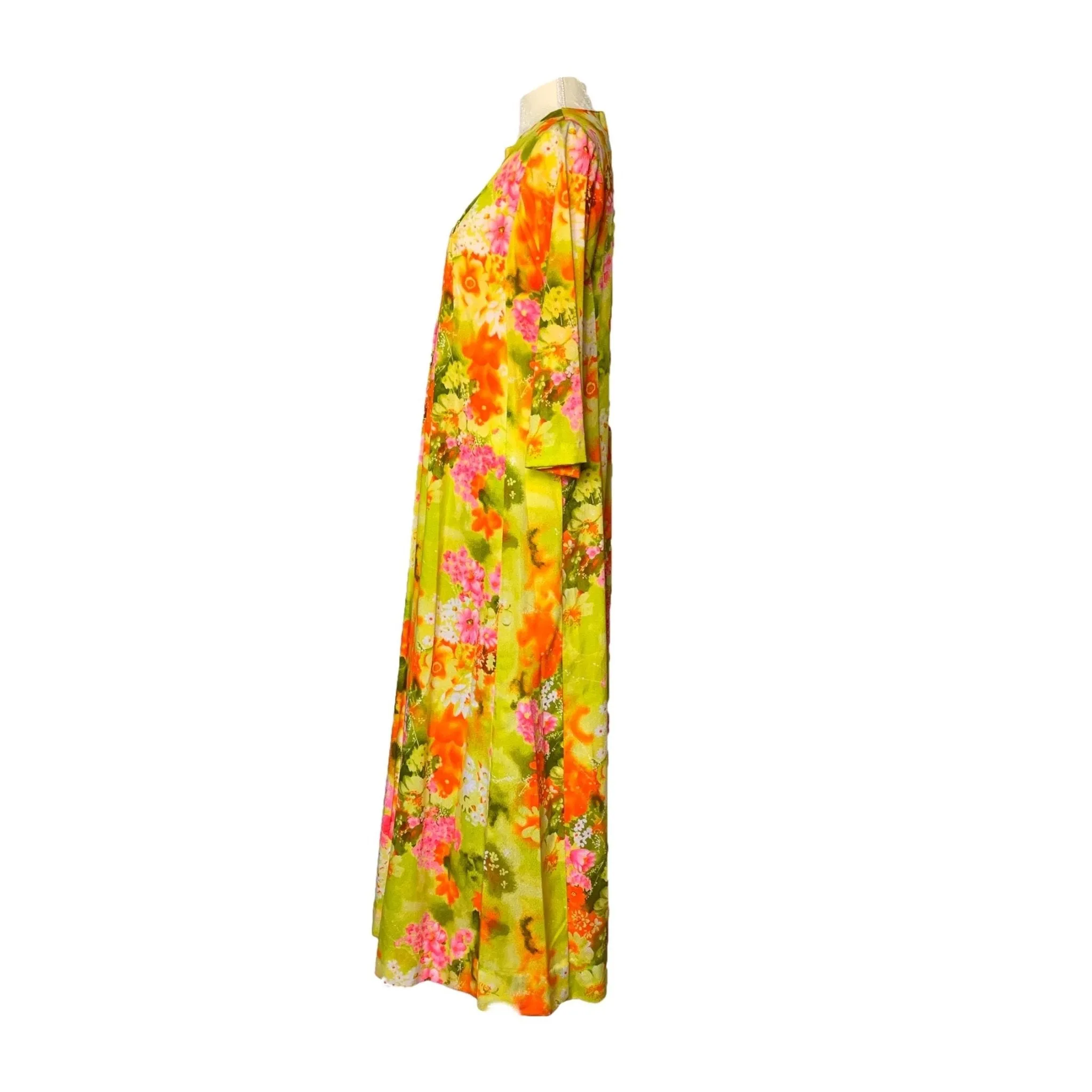 1970s Hawaiian Floral Maxi Dress in Bright Yellows Oranges Pinks and Greens. Perfect Festival Dress.