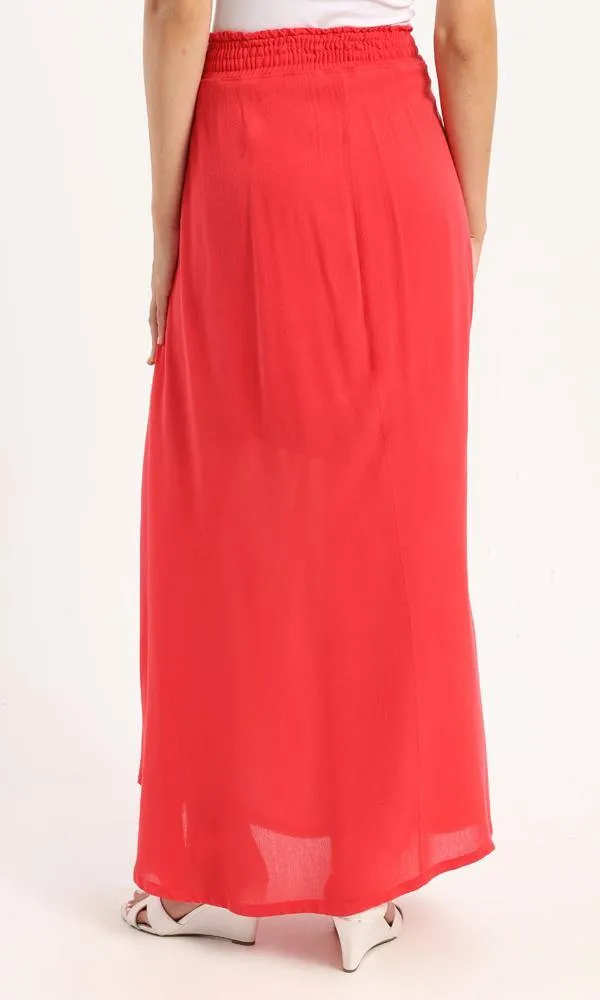 56620 Elastic Waist Slip On Fluffy Maxi Skirt - Red