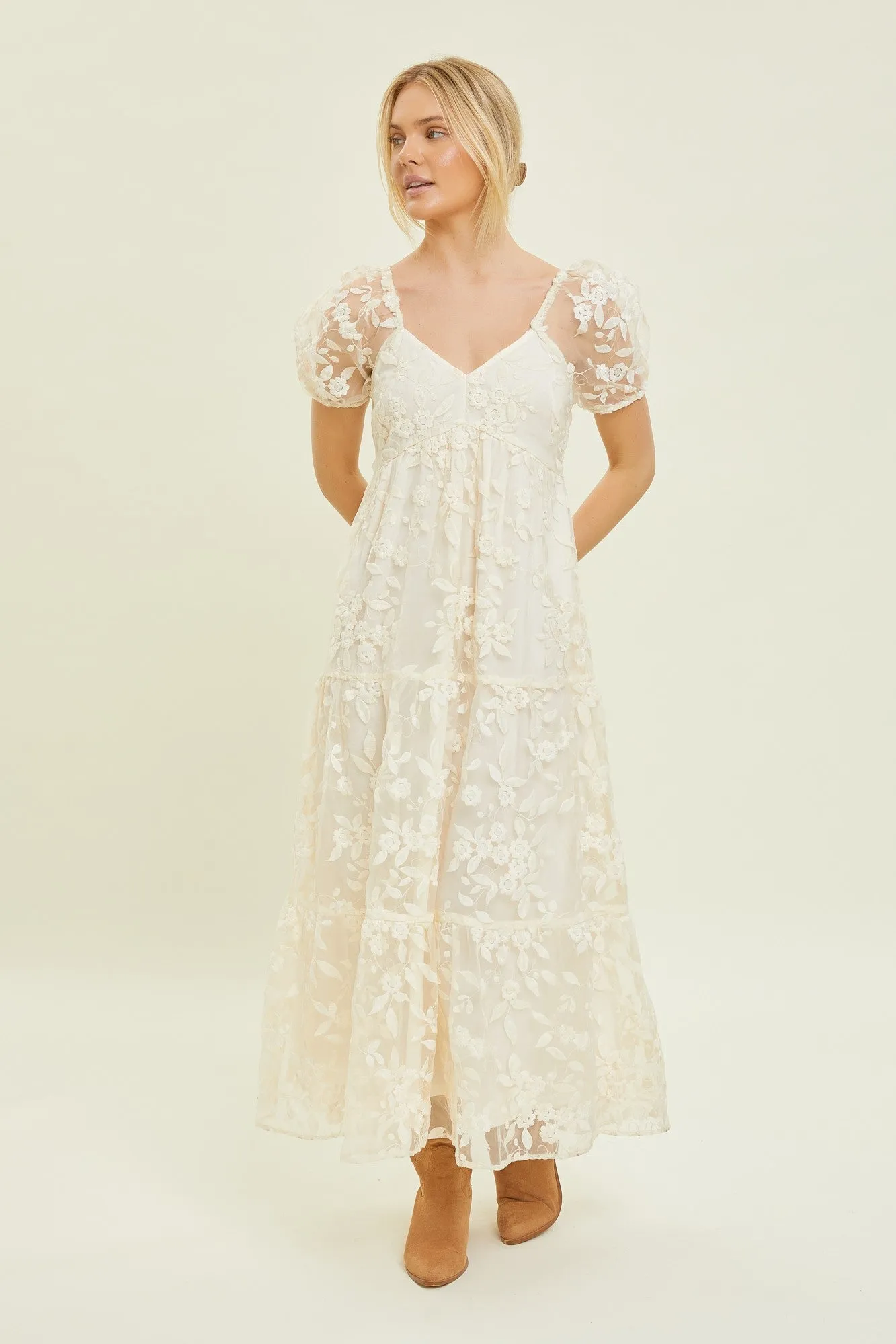 Ada Embroidered Lace Maxi Dress, Cream