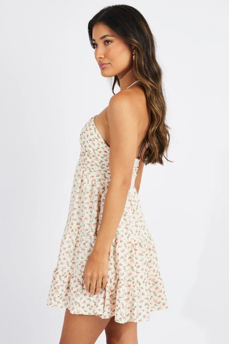 Beige Floral Fit And Flare Dress Mini