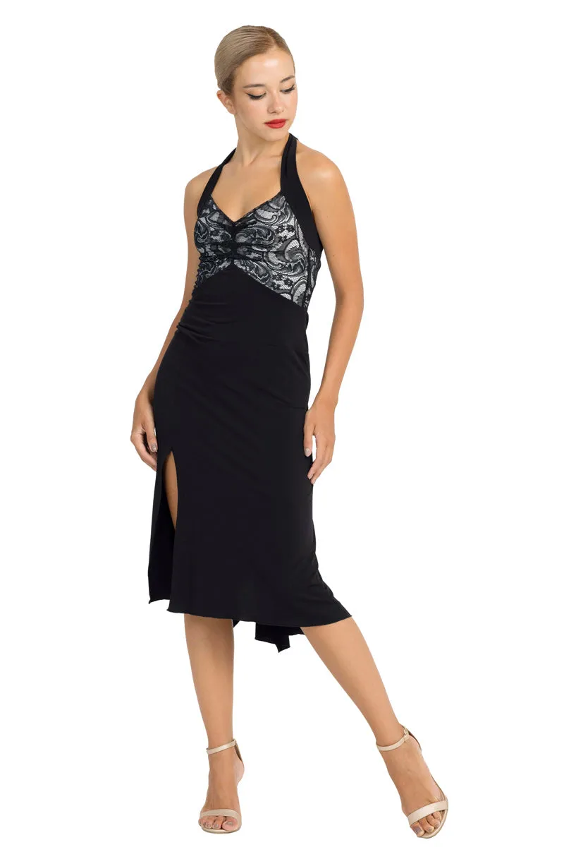 Black Halter-neck Tango Dress with Lace Bust