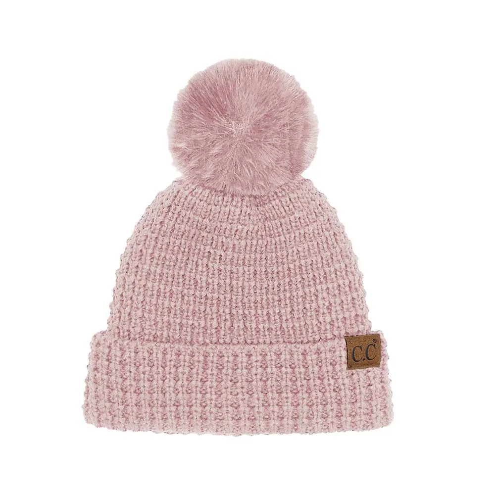 C.C Waffle Knit Pattern Cuff Pom Pom Beanie Hat