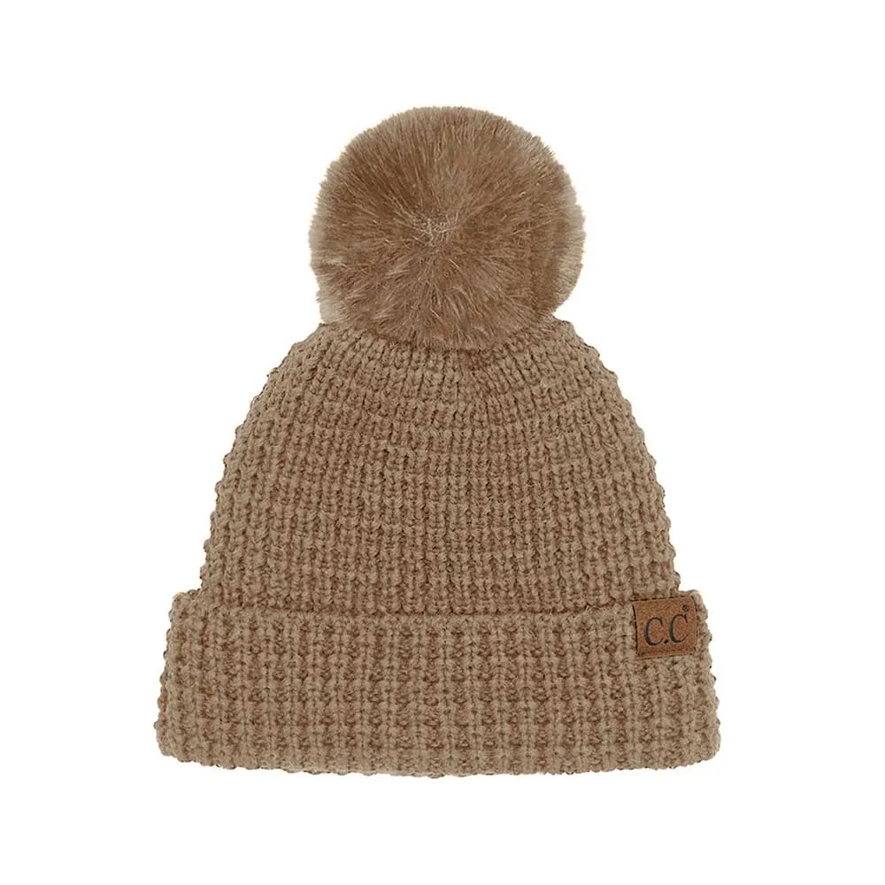 C.C Waffle Knit Pattern Cuff Pom Pom Beanie Hat