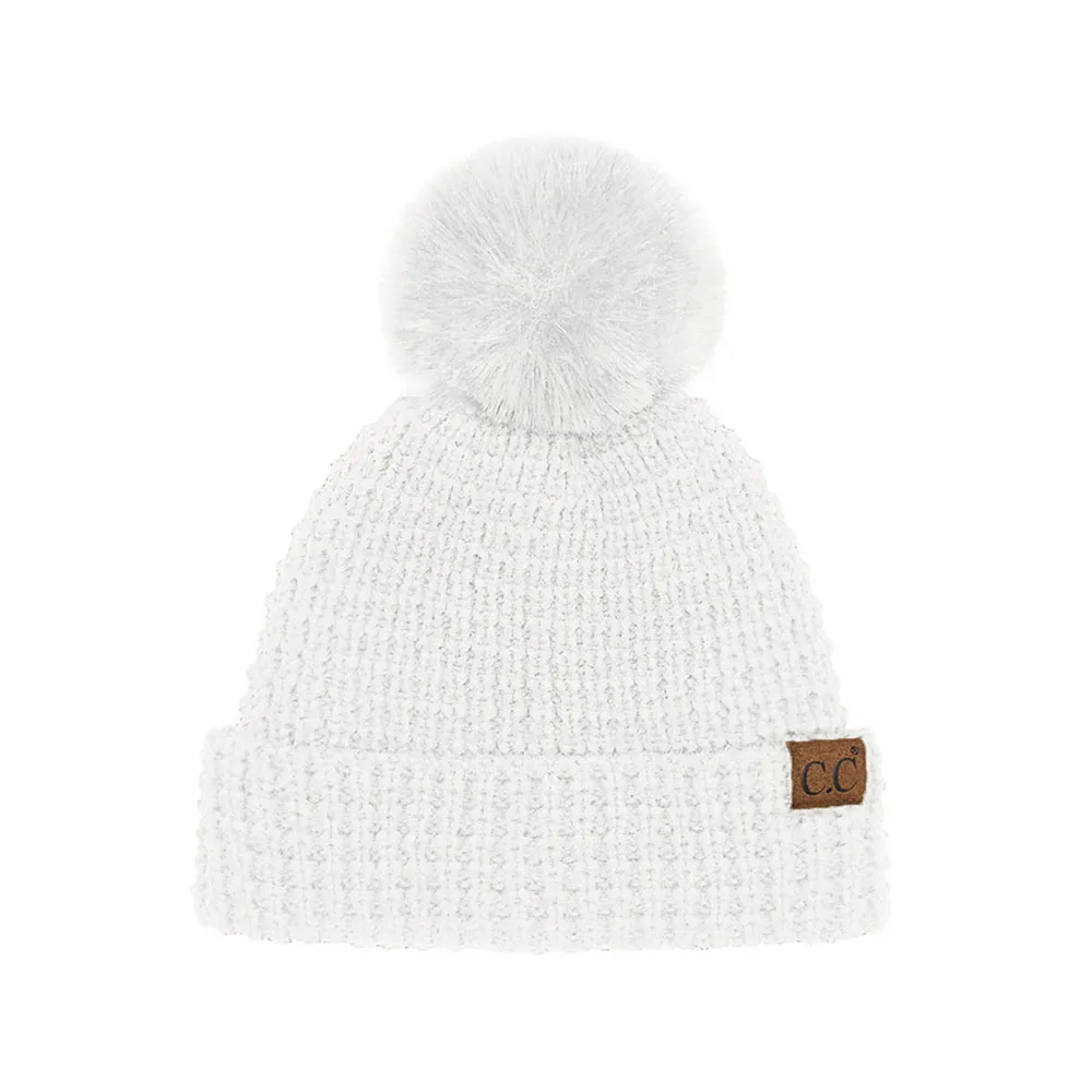 C.C Waffle Knit Pattern Cuff Pom Pom Beanie Hat