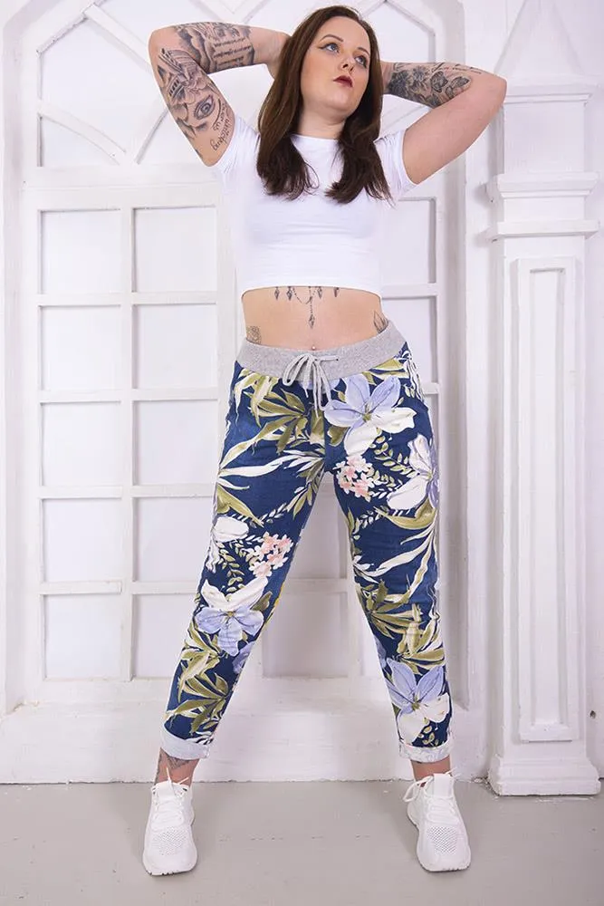 Cotton Tropical Floral Print Drawstring Trousers