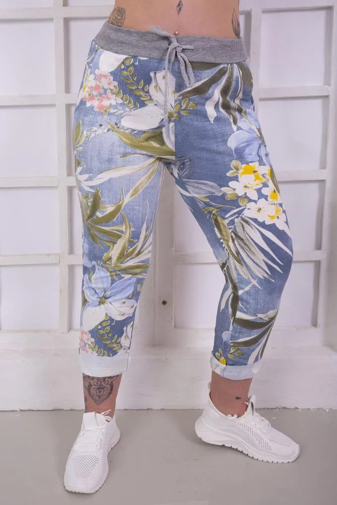 Cotton Tropical Floral Print Drawstring Trousers