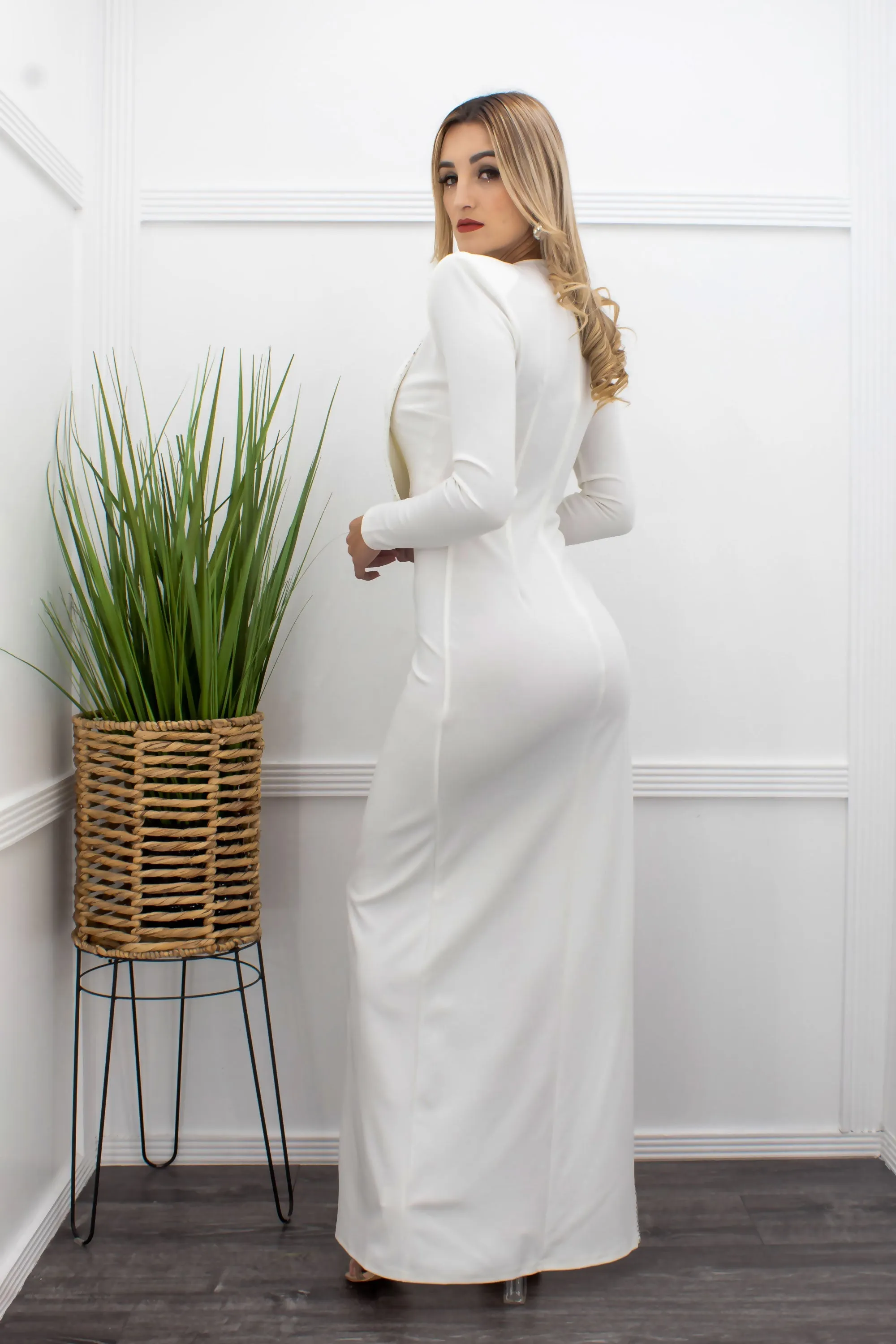 Embellished Bodysuit Long Sleeve Slit White Maxi Dress