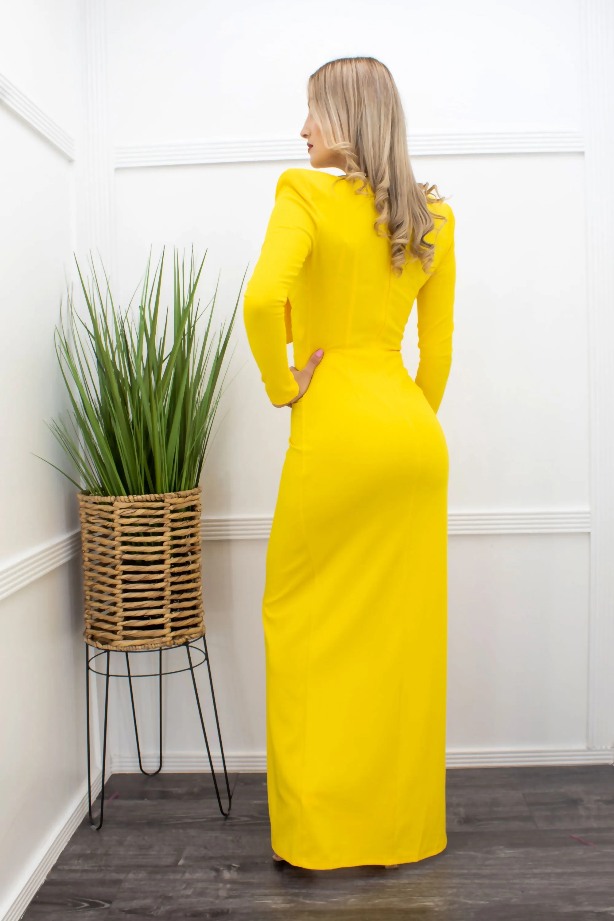 Embellished Bodysuit Long Sleeve Slit Yellow Maxi Dress