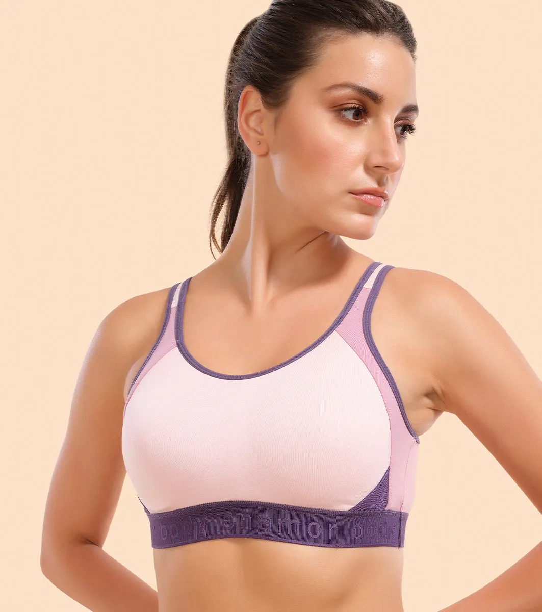 Enamor Agion SB28 Antimicrobial Side Shaper Active Sports Bra for Women - Non Padded, Wirefree and High Coverage - Parfait Pink