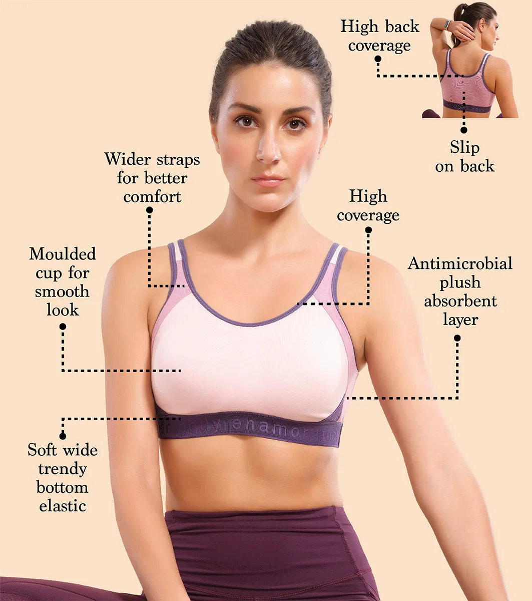 Enamor Agion SB28 Antimicrobial Side Shaper Active Sports Bra for Women - Non Padded, Wirefree and High Coverage - Parfait Pink