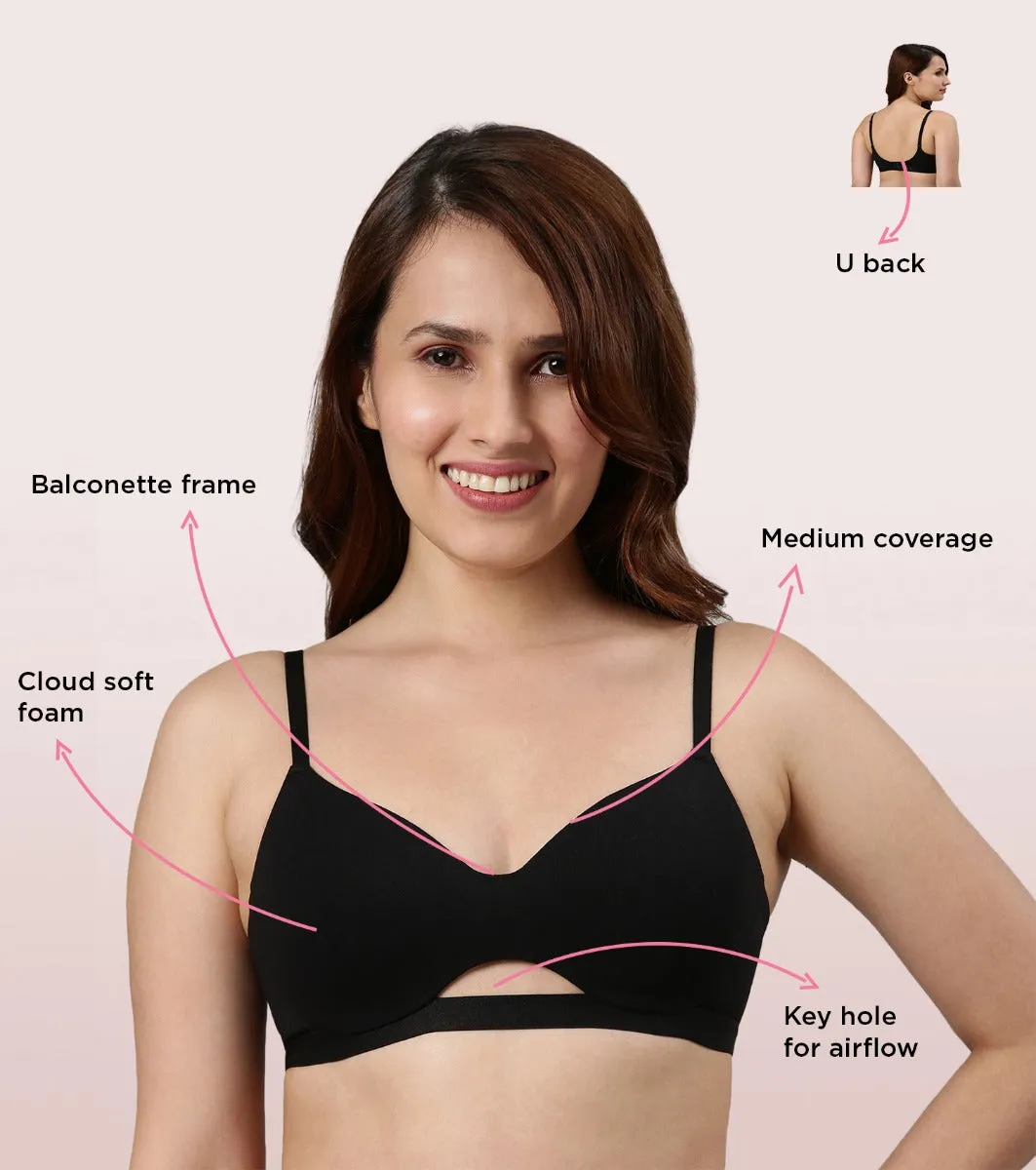 Enamor CloudSoft A032 Invisible Neckline Cotton T-shirt Bra for Women- Medium Coverage, Padded and Wirefree - Black