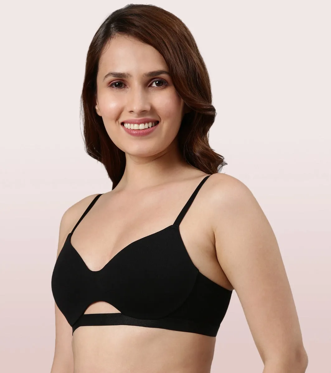 Enamor CloudSoft A032 Invisible Neckline Cotton T-shirt Bra for Women- Medium Coverage, Padded and Wirefree - Black