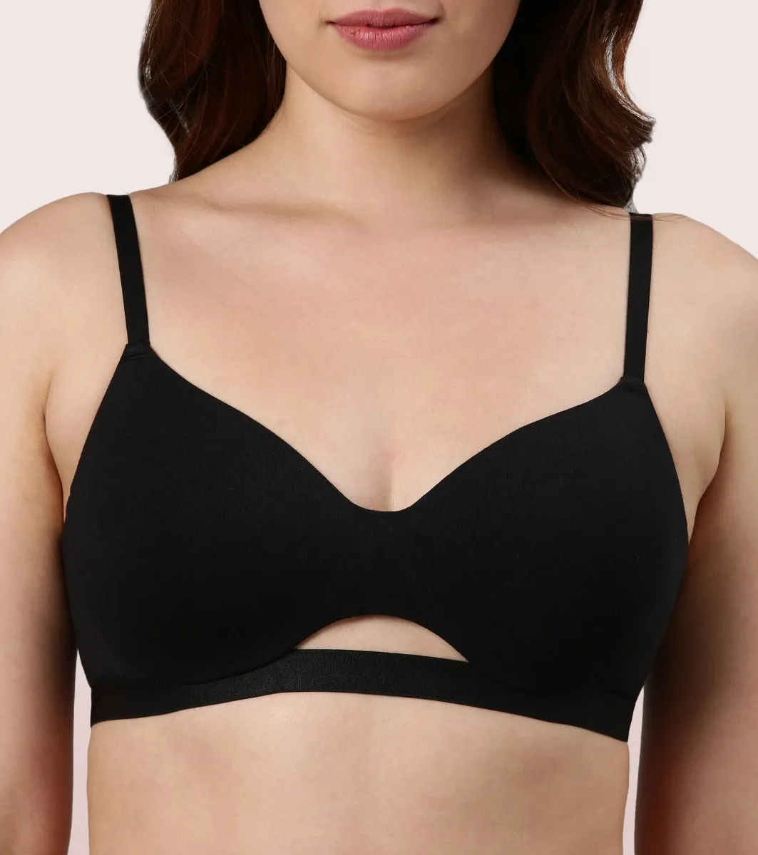 Enamor CloudSoft A032 Invisible Neckline Cotton T-shirt Bra for Women- Medium Coverage, Padded and Wirefree - Black