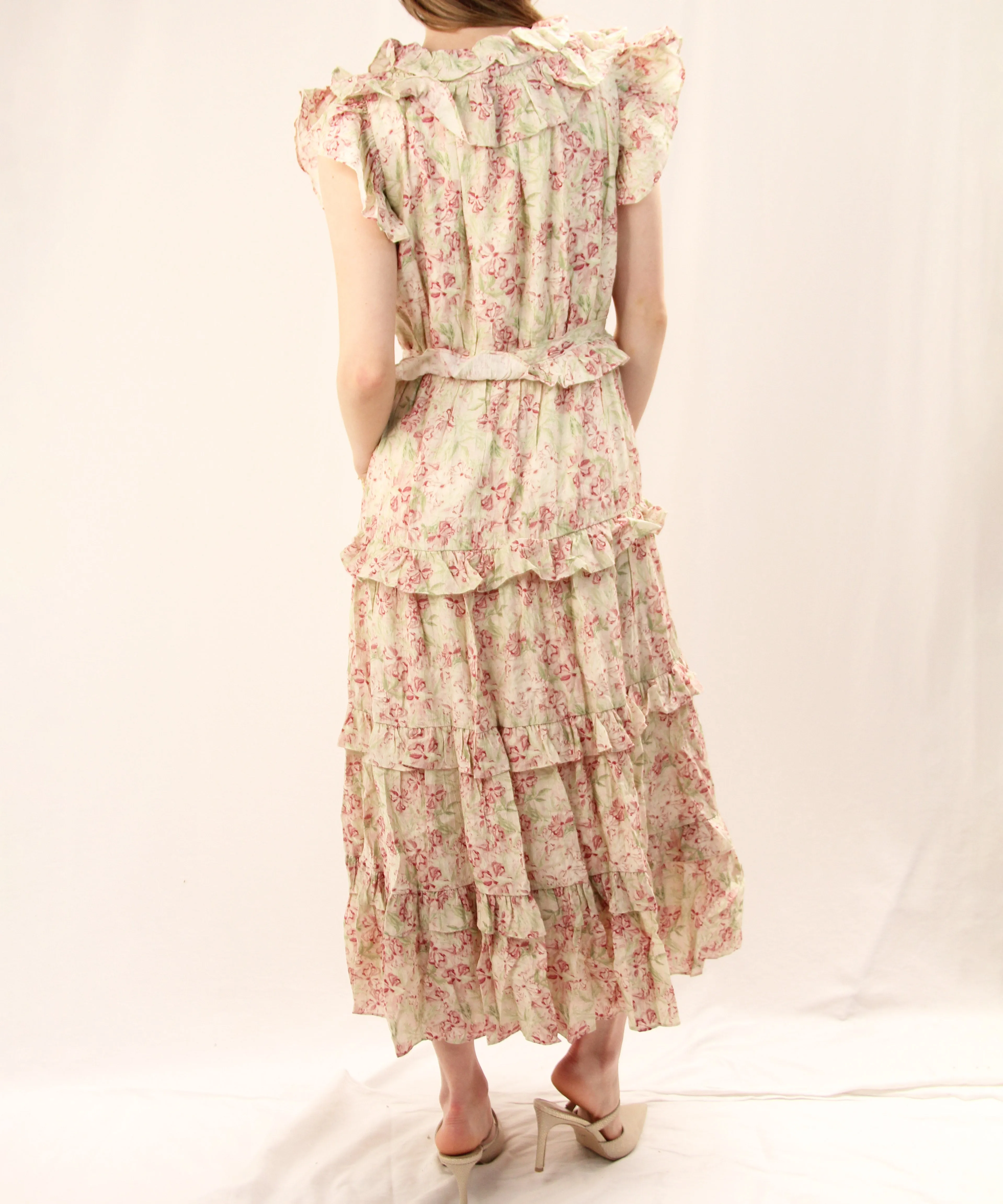 Floral Print Ruffle Midi Dress - Ivory/Red Green Floral