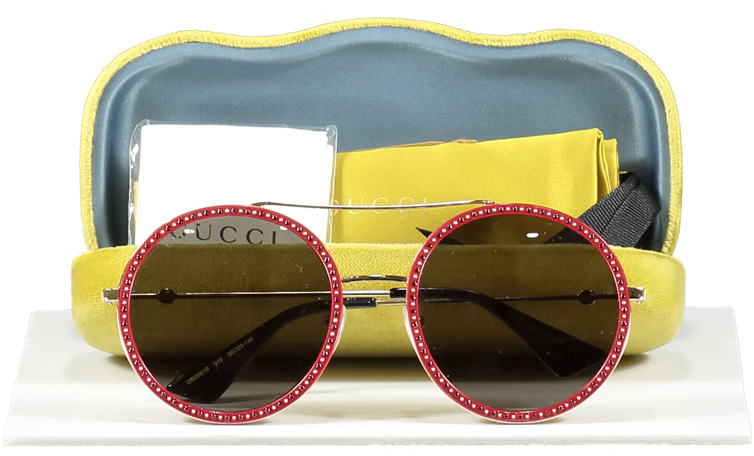 Gucci Circular Frame Red /gold Studded Sunglasses in case