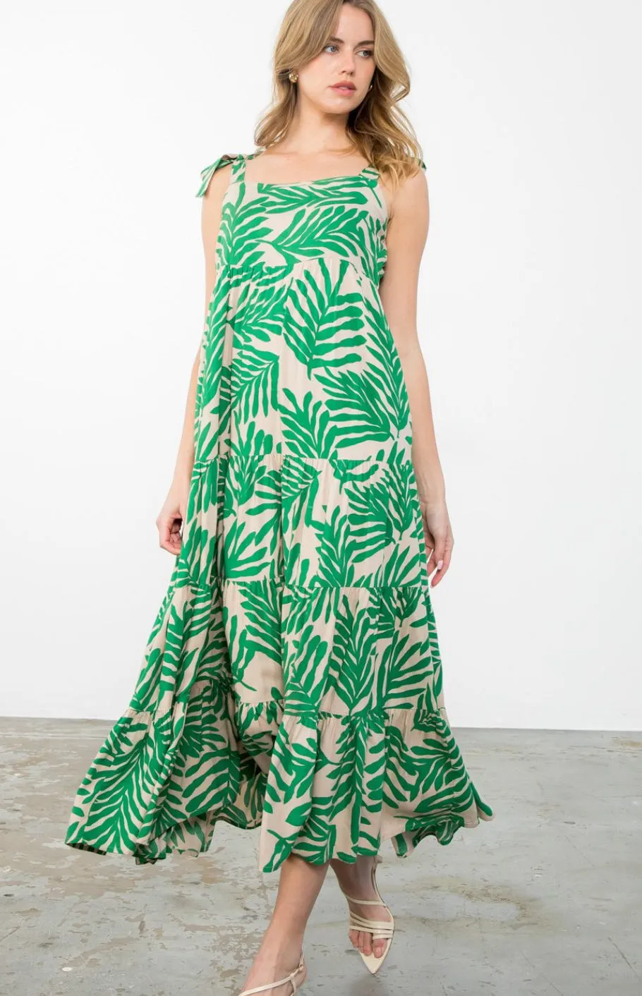 Hilary Green Leaf Print Maxi THML Dress