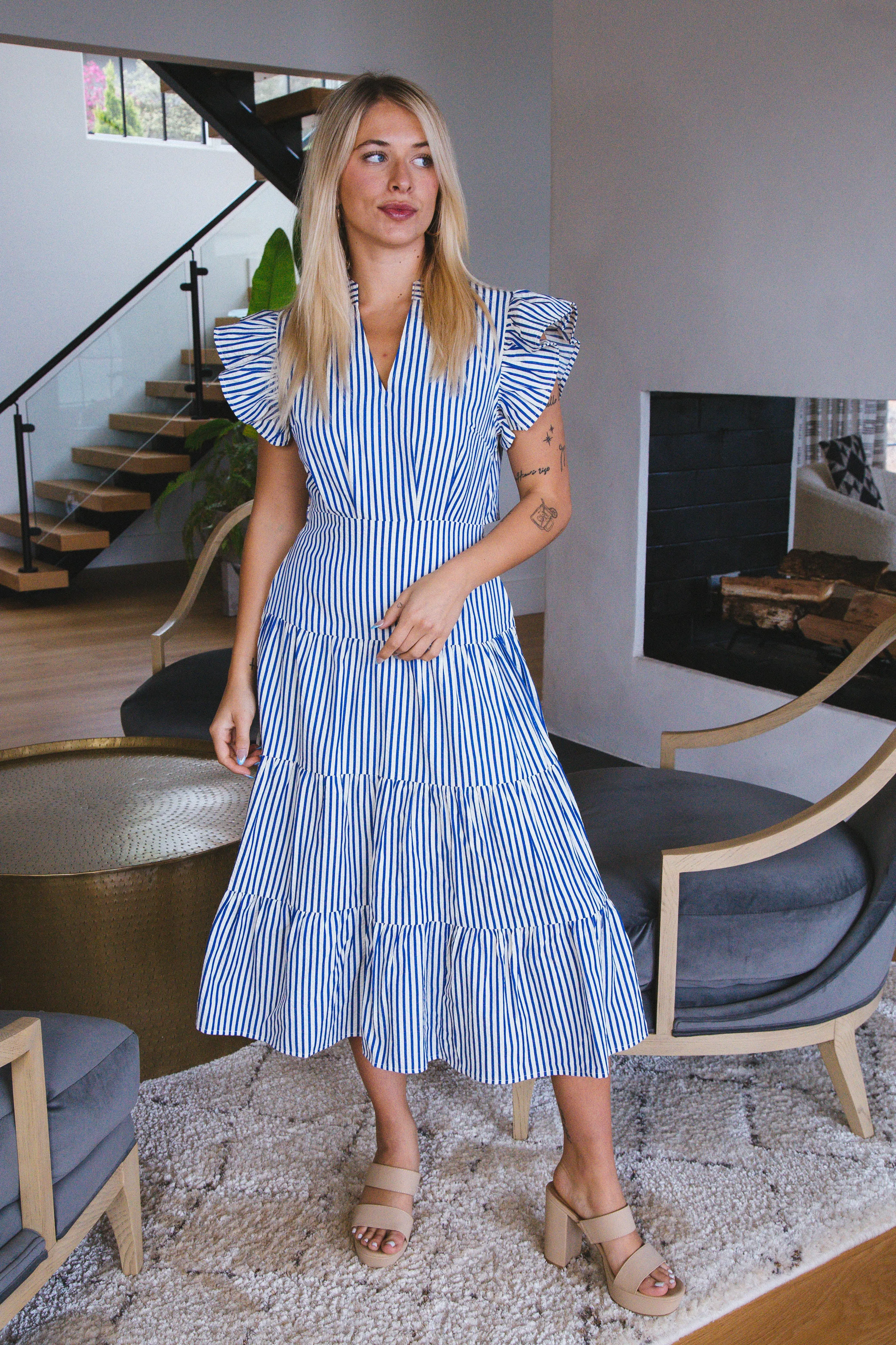 Josephine Striped Midi Dress, Blue