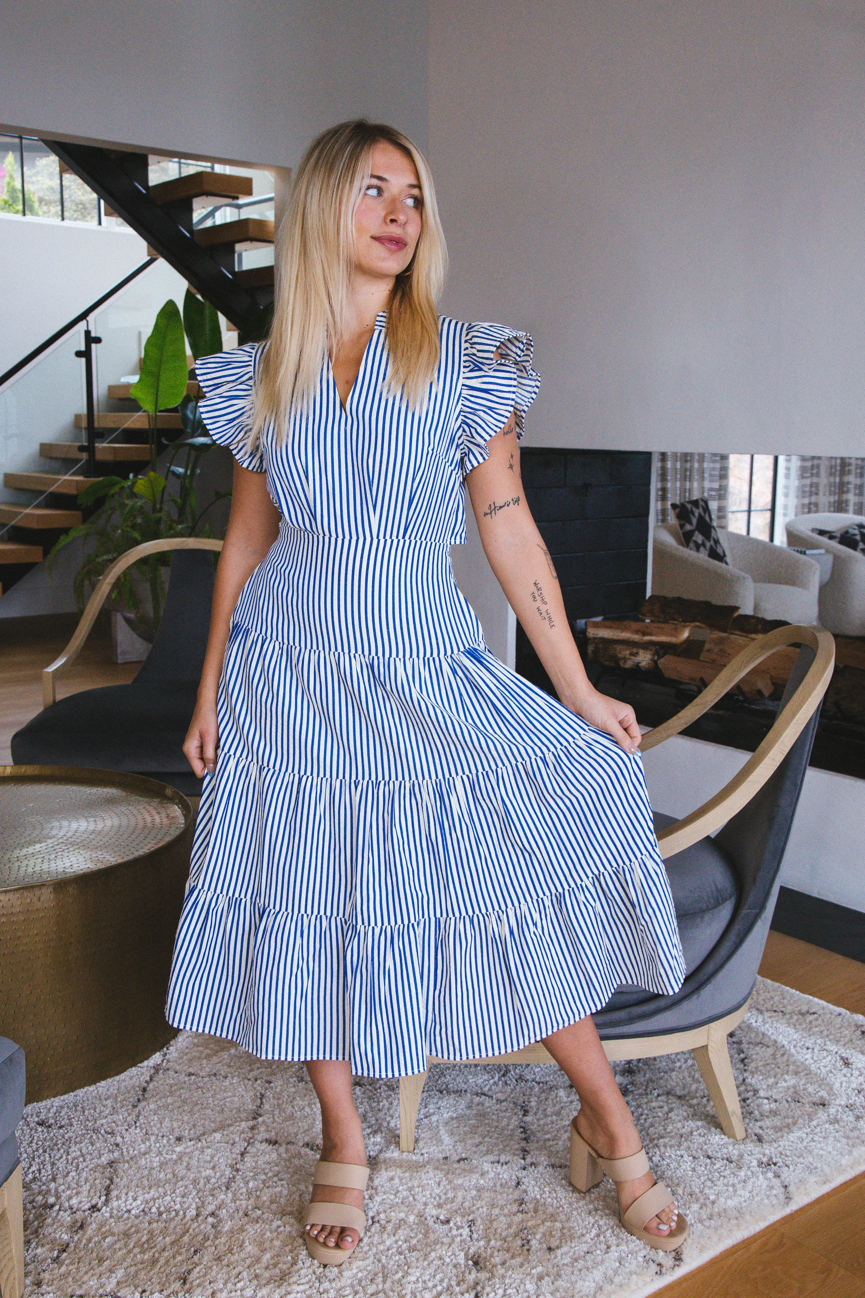 Josephine Striped Midi Dress, Blue