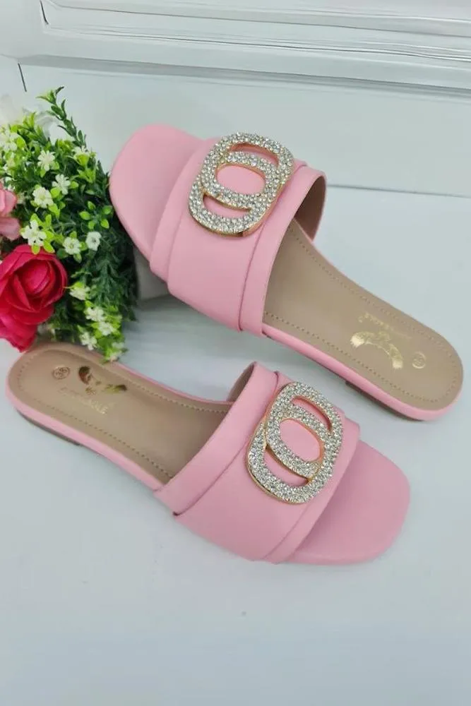 Leather Rhinestone Buckle Flat Slider