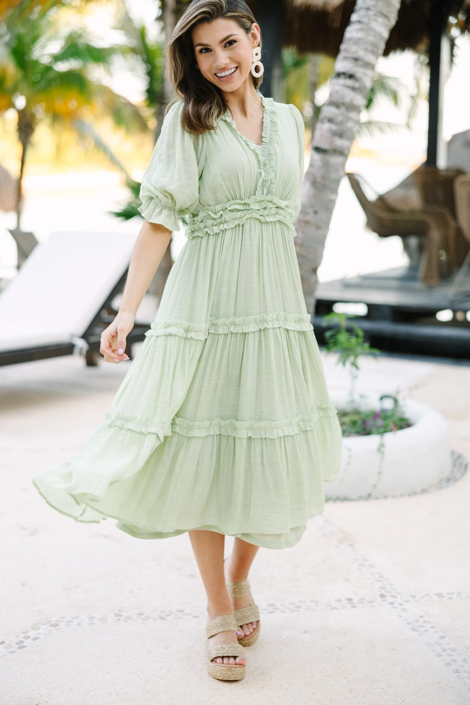 Living In A Dream Melon Green Ruffled Midi Dress