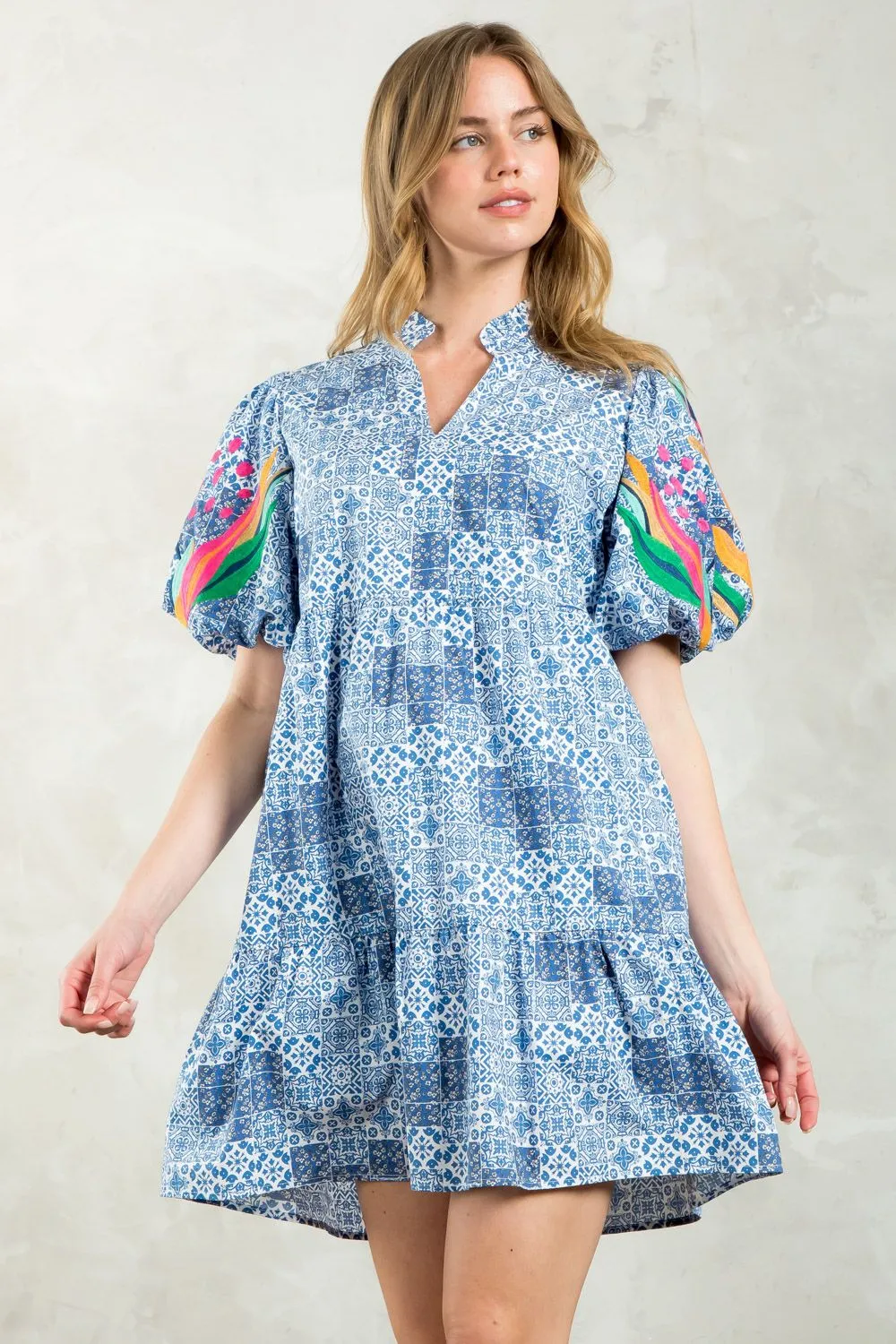 Marlowe Puff Sleeve Embroidered Pattern THML Dress