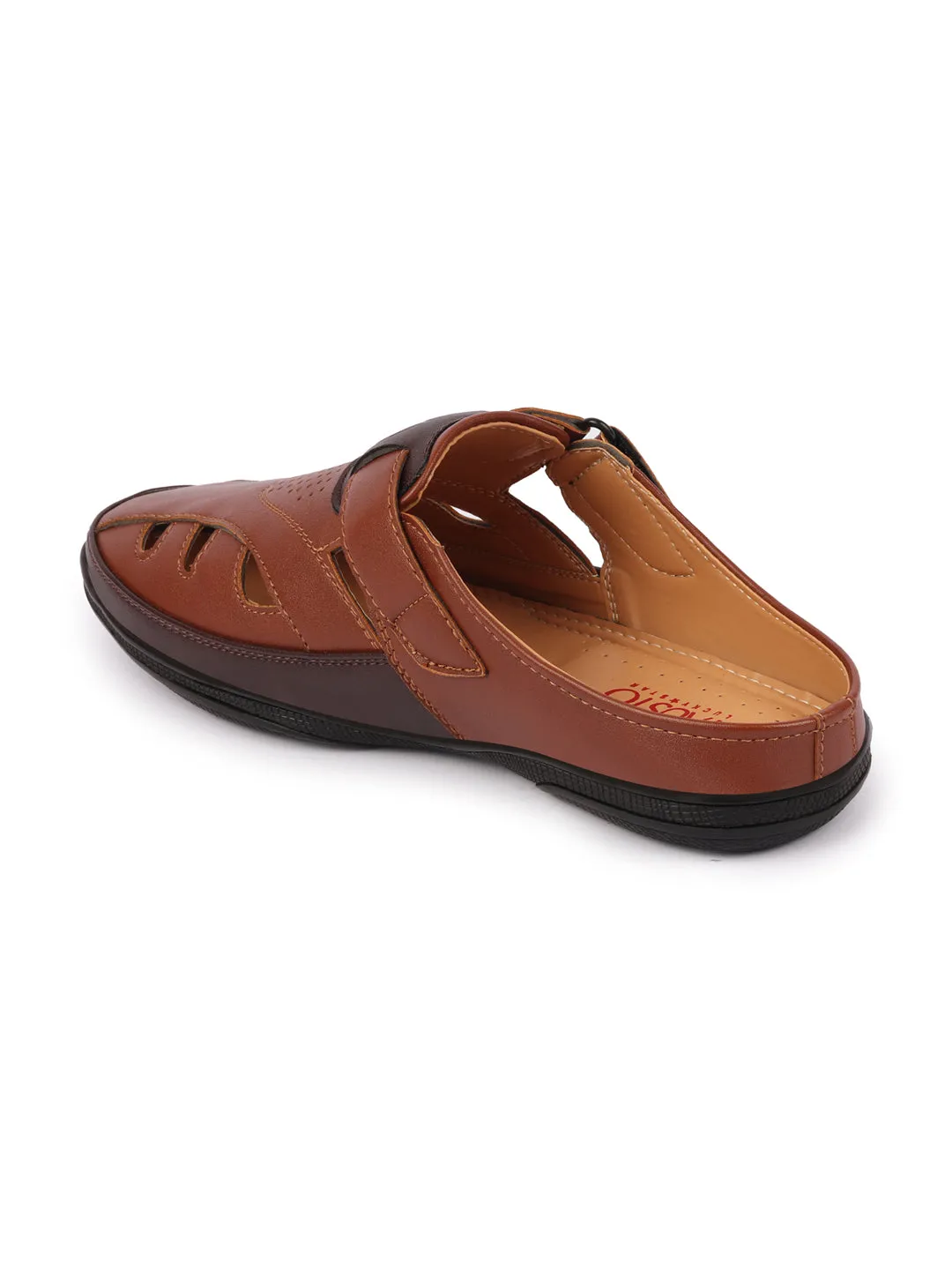 Men Tan Back Open Laser Cut Design Slip On Sandal with Ankle Strap