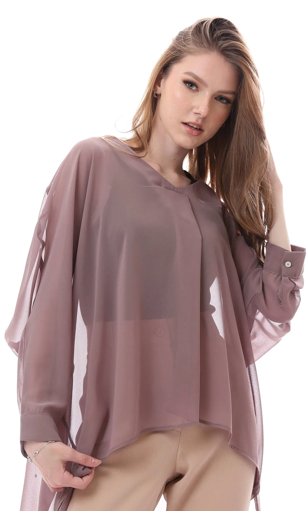 O165917 Dark Taupe Sheer Deep V-Neck Blouse