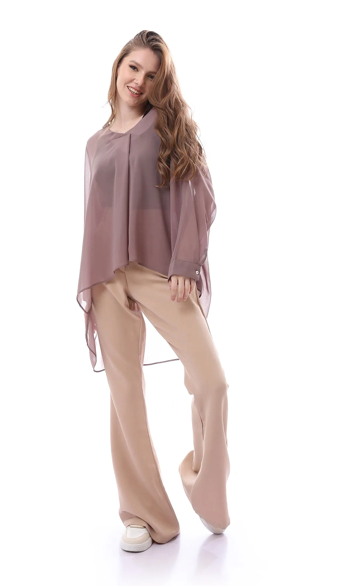 O165917 Dark Taupe Sheer Deep V-Neck Blouse