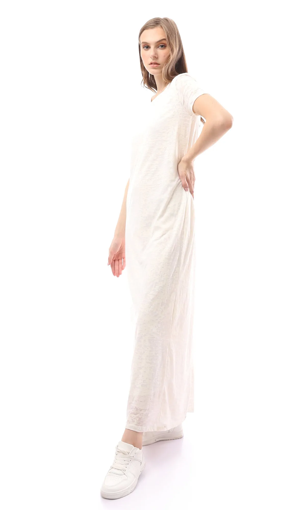 O171223 Heather Off-White Shor Sleeves Cotton Maxi Dress