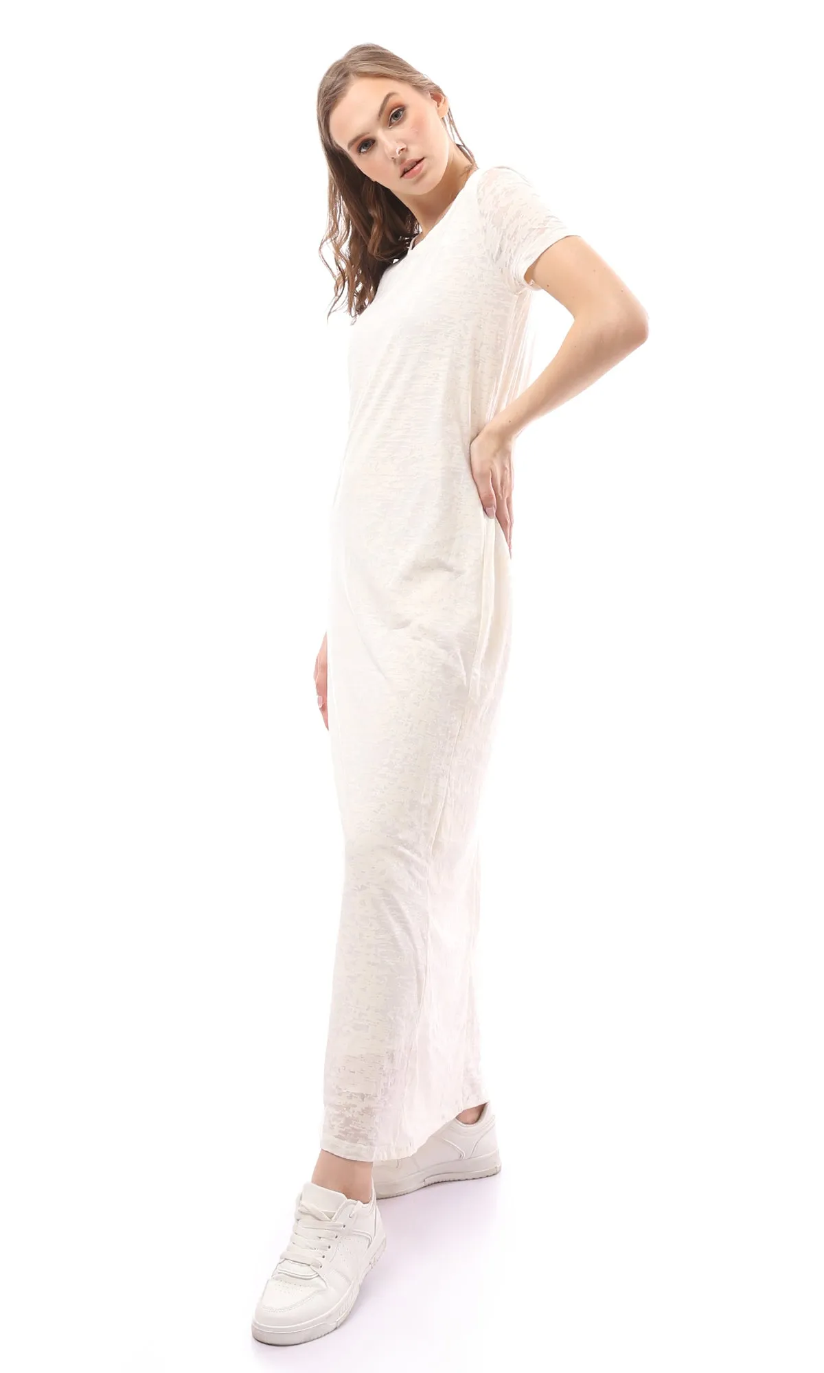 O171223 Heather Off-White Shor Sleeves Cotton Maxi Dress