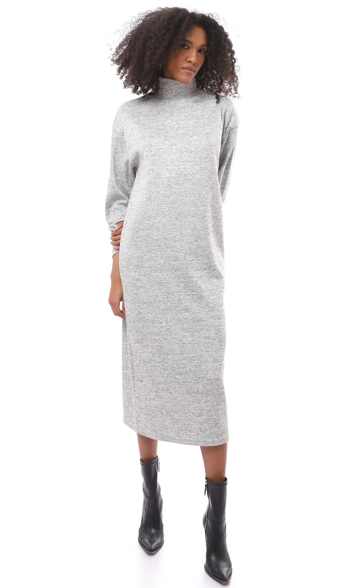 O173051 High-Neck Winter Heather Light Grey Midi-Dress