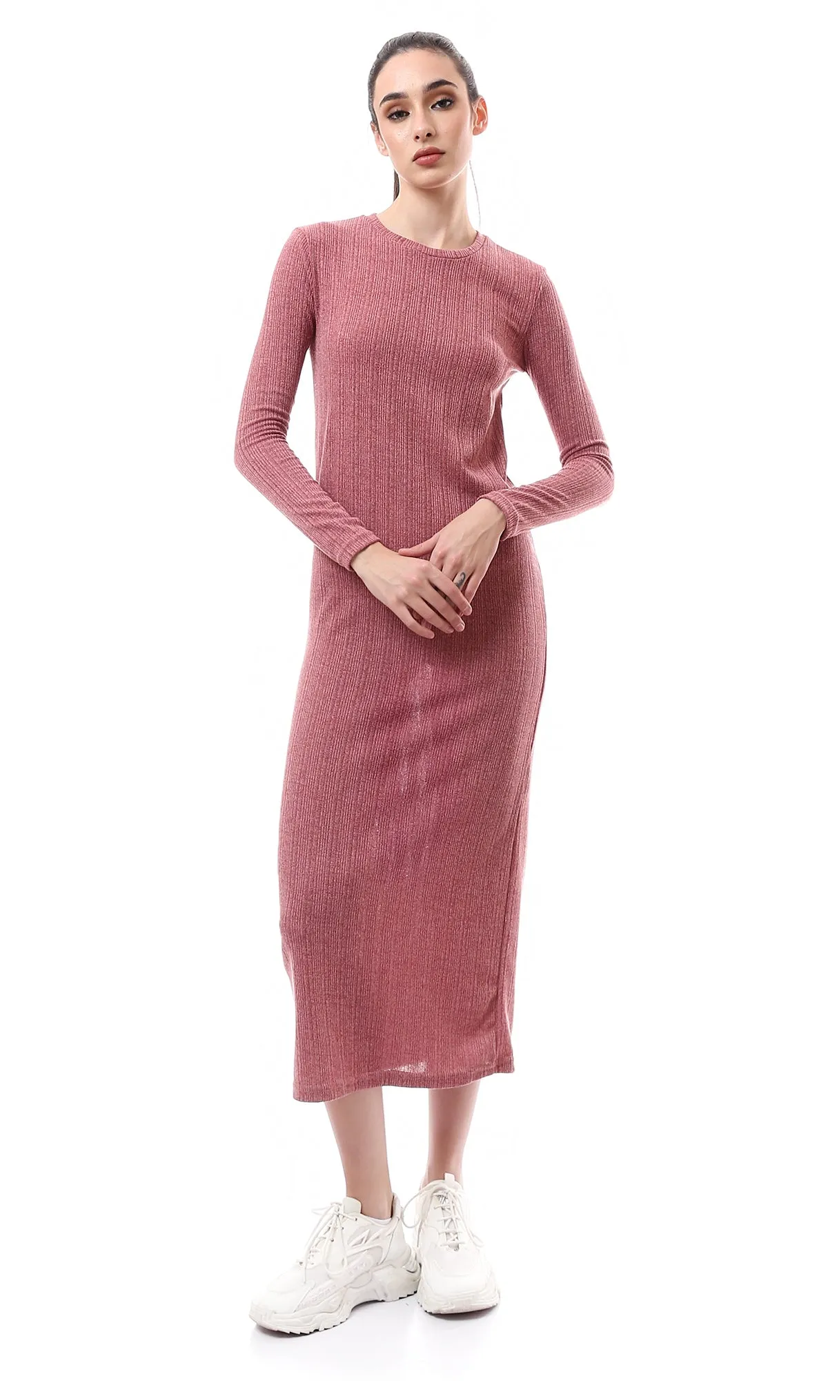 O176590 Dark Nude Pink Long Sleeves Ribbed Maxi Dress