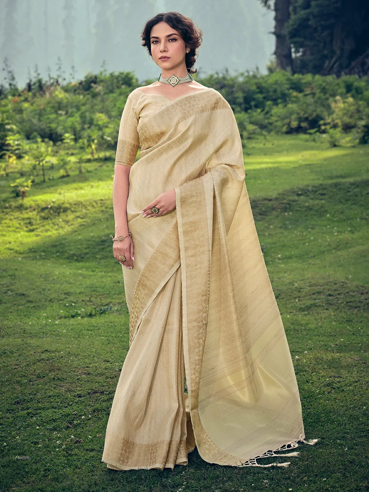 Odette Beige Linen Tissue Saree for Women With Unstitched Blouse