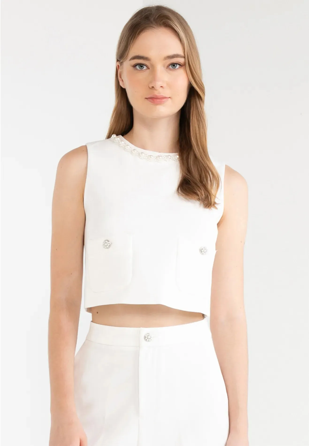 Pearl Neckline Detail Sleeveless Top