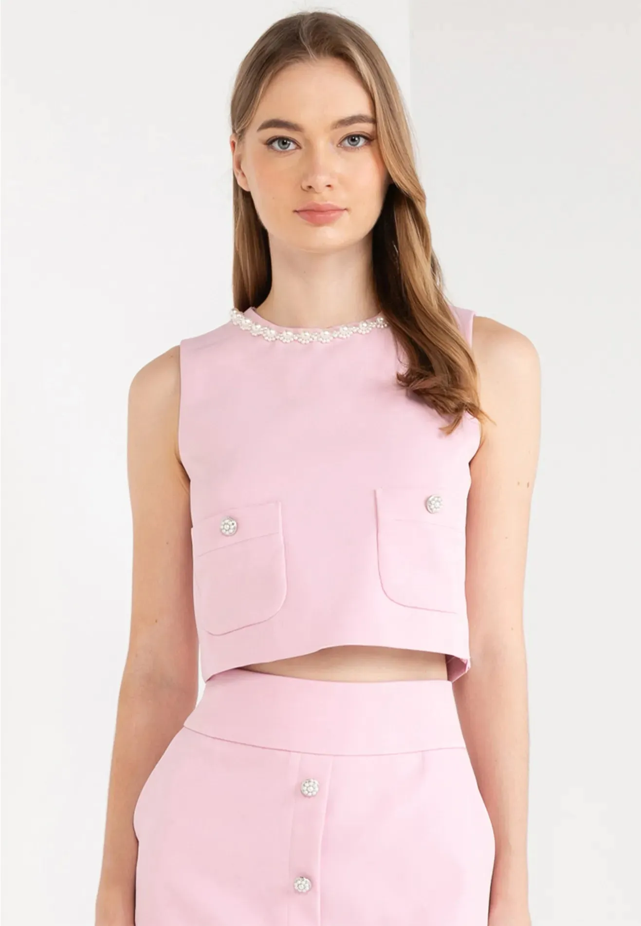 Pearl Neckline Detail Sleeveless Top