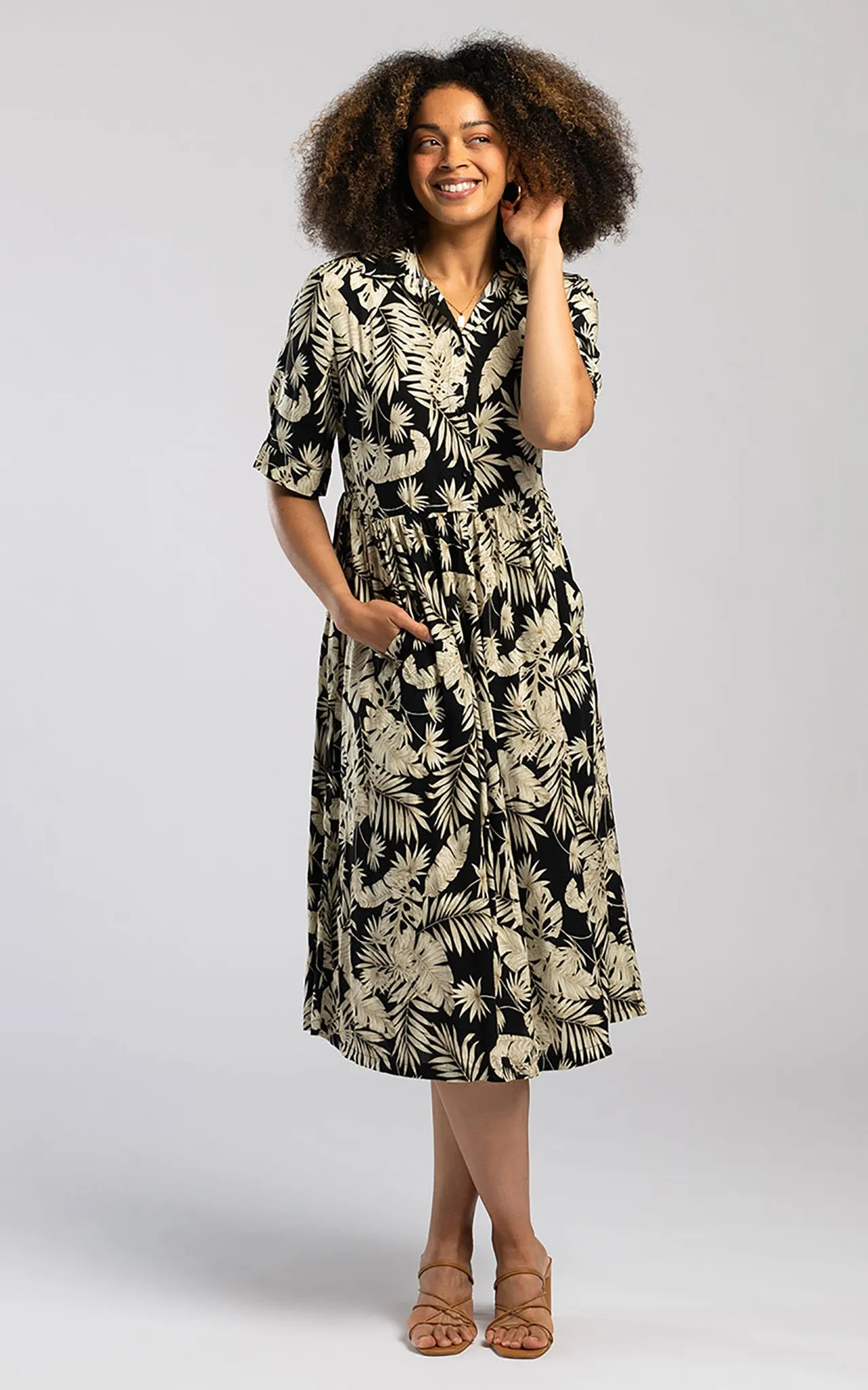 Pentlebay Clothing Midi Shirt Dress In Black Leaf Print