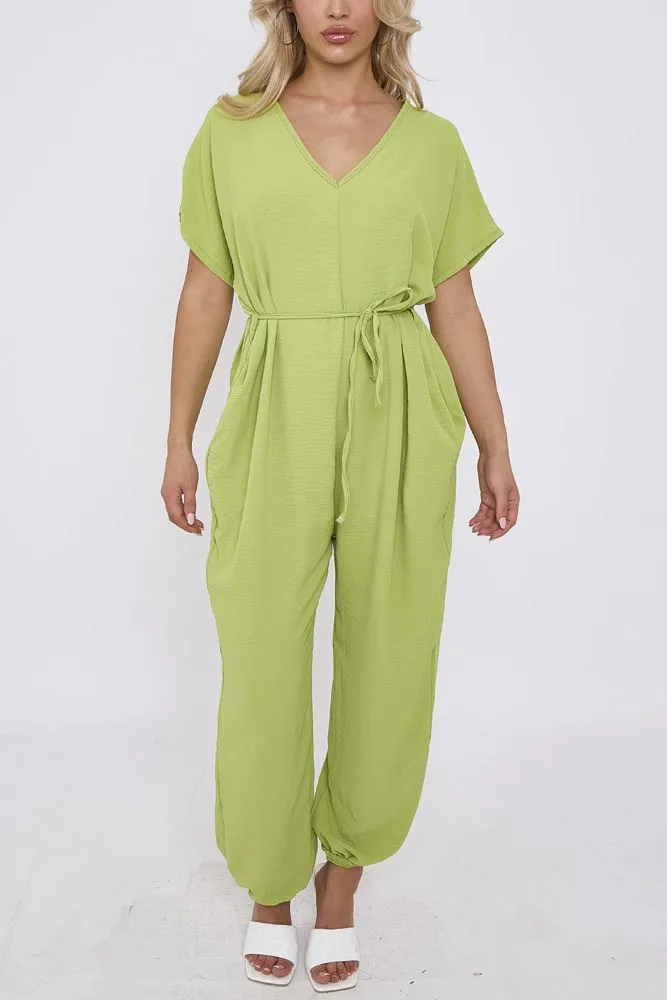 Plain Cuffed Hem Drawstring Waistband Jumpsuit