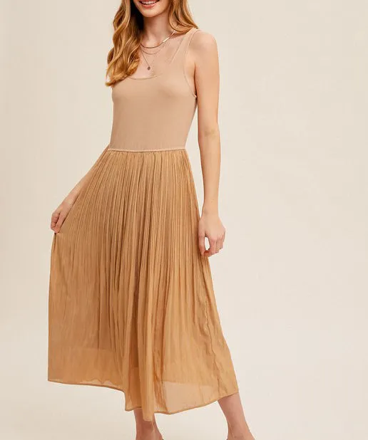 Pleated Skirt Tank Dress - Taupe