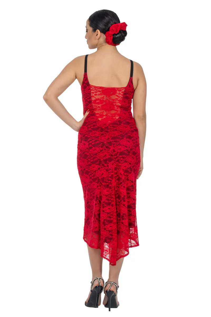 Red Lace Tango Dress With Slitted Tail