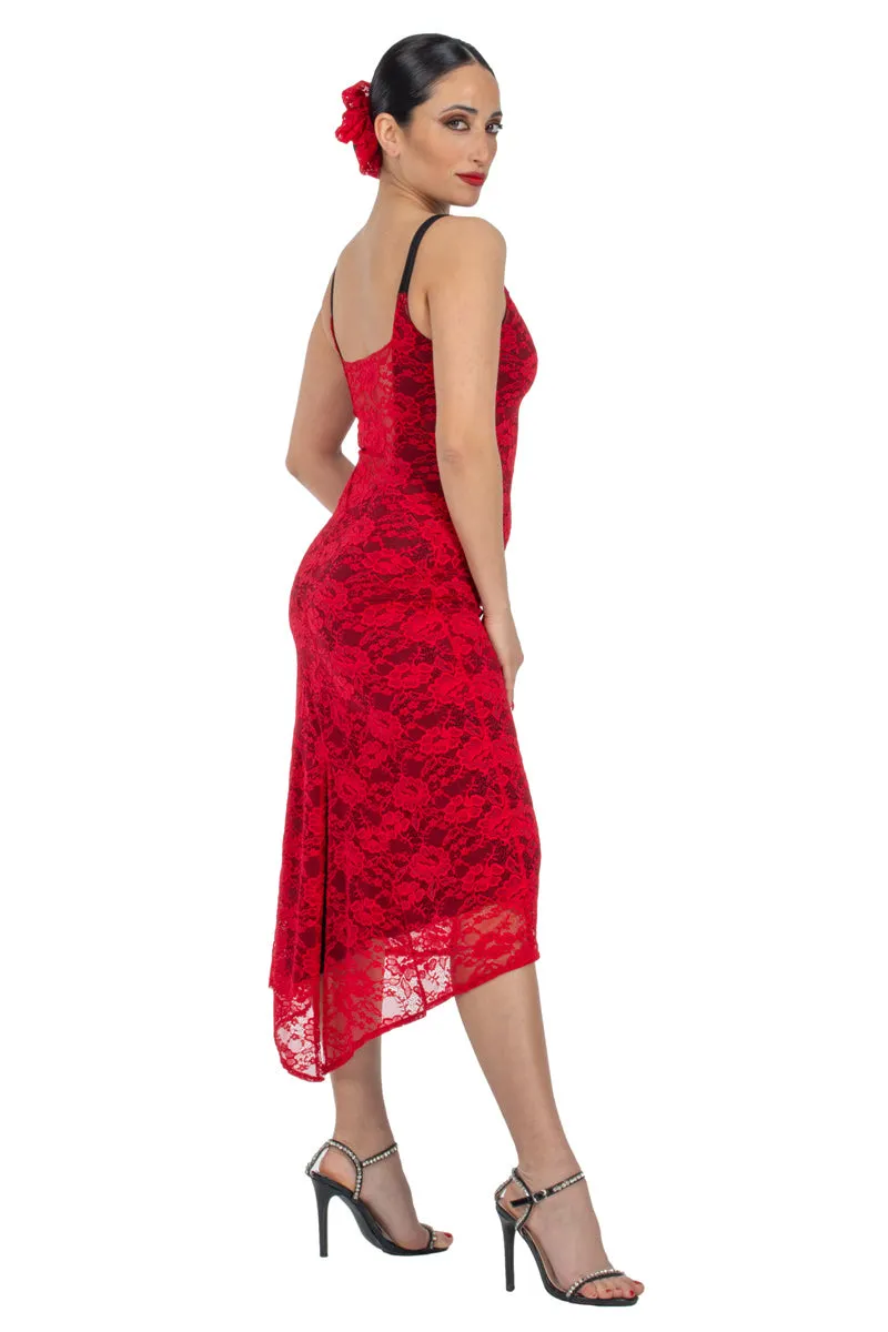 Red Lace Tango Dress With Slitted Tail