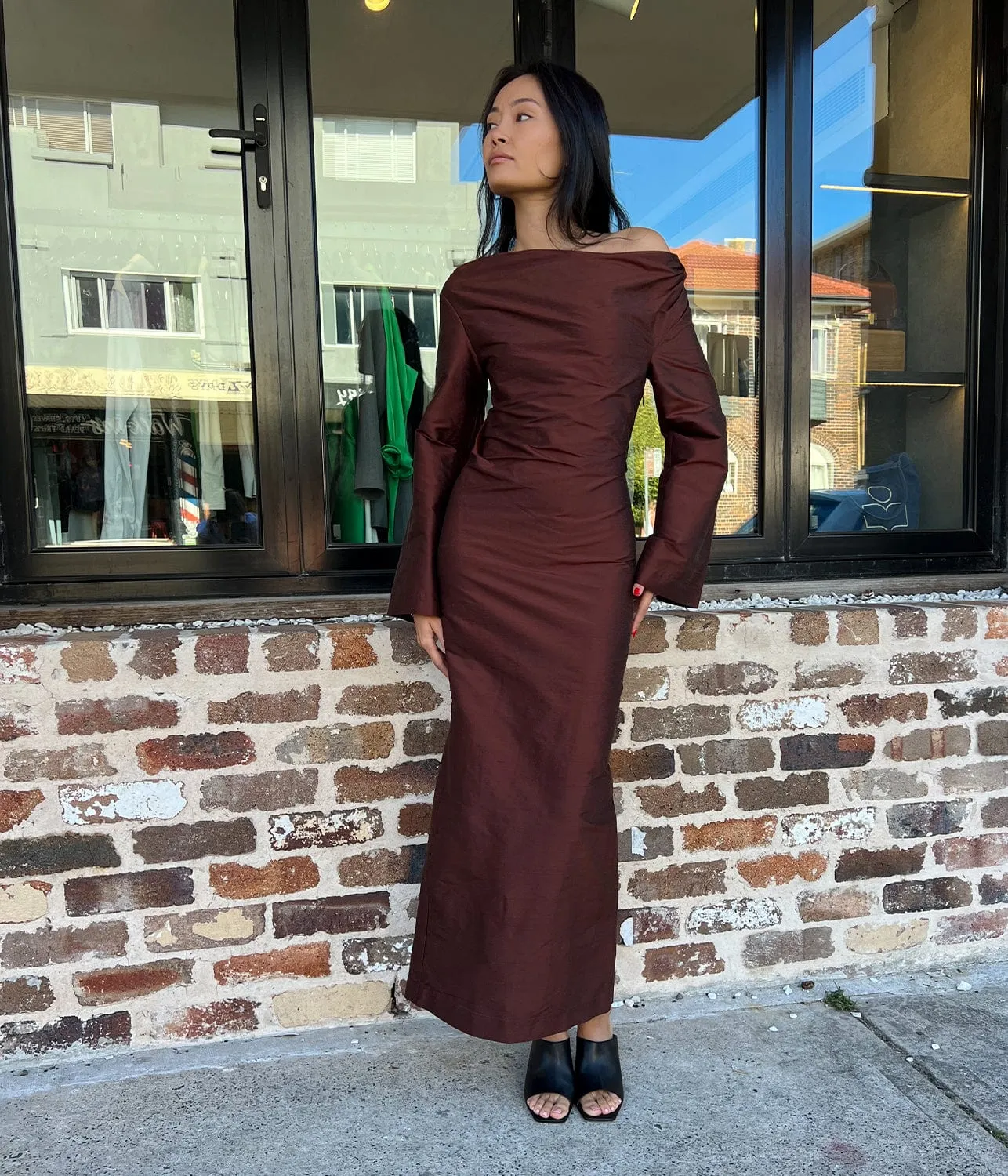 SILK OFF THE SHOULDER DRESS-CHOCOLATE