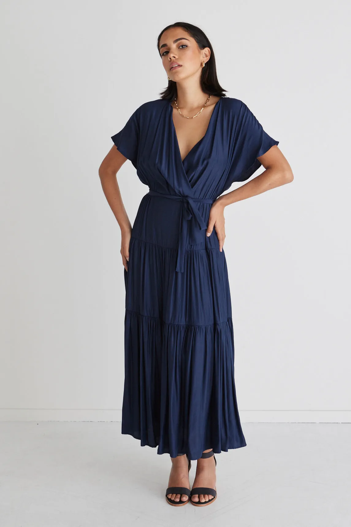 Sunset Navy Tiered Satin Maxi Kimono Dress