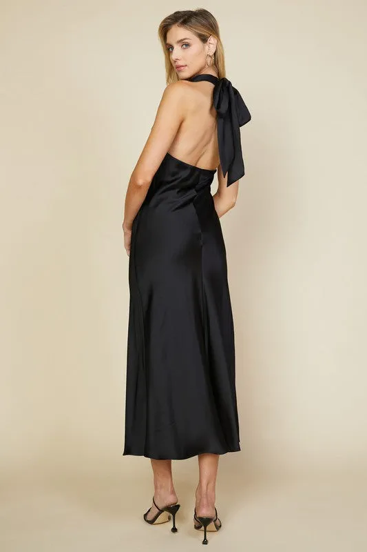 Vanessa Bow Halter Satin Bias Cut Slip Dress - Black